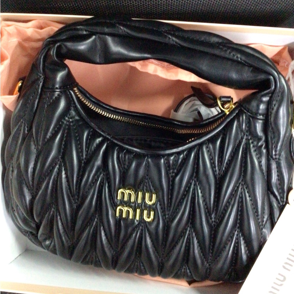 Miu Miu Black Matelassé Leather Hobo Bag with Crossbody Strap - Picture 2 of 8